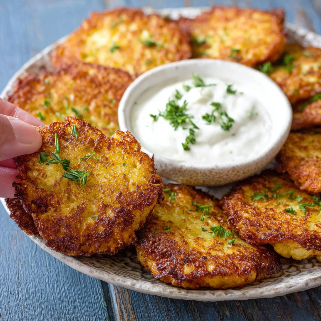 Close-up of a single cauliflower fritter showing texture