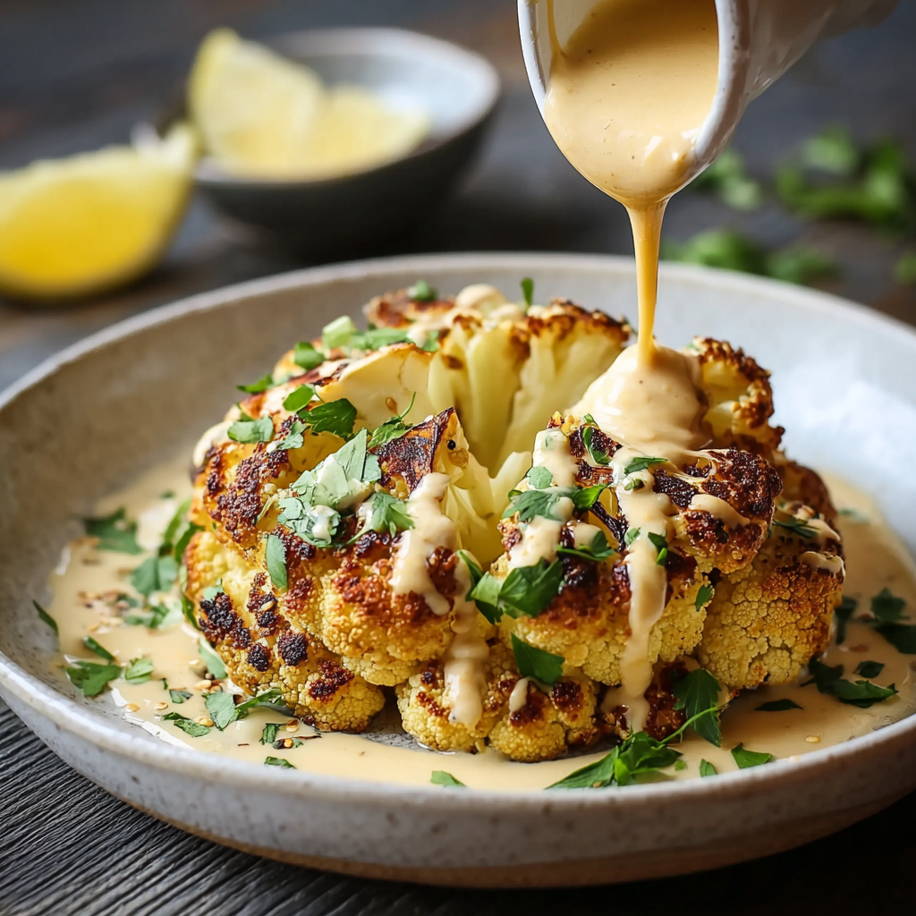 Whole roasted cauliflower on a serving plate with tahini sauce