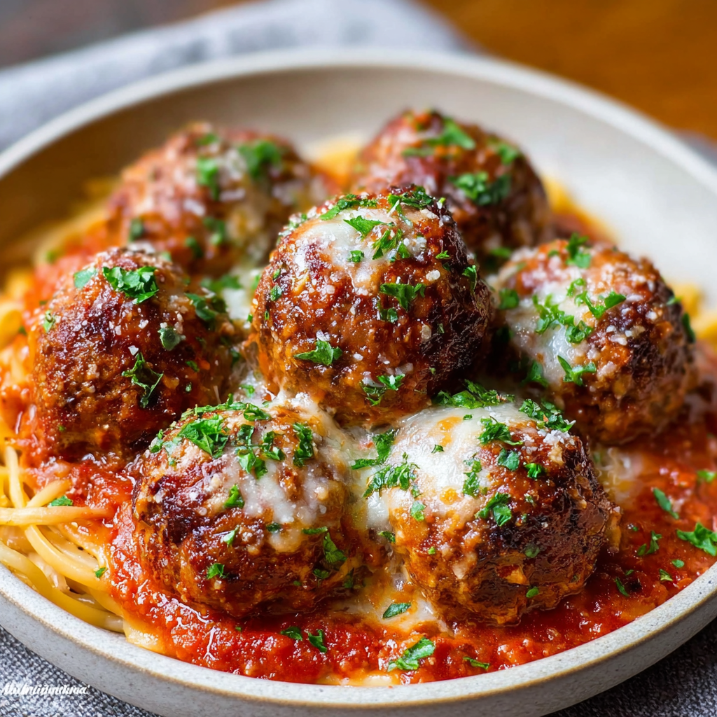 Meatballs plated with marinara sauce and parsley