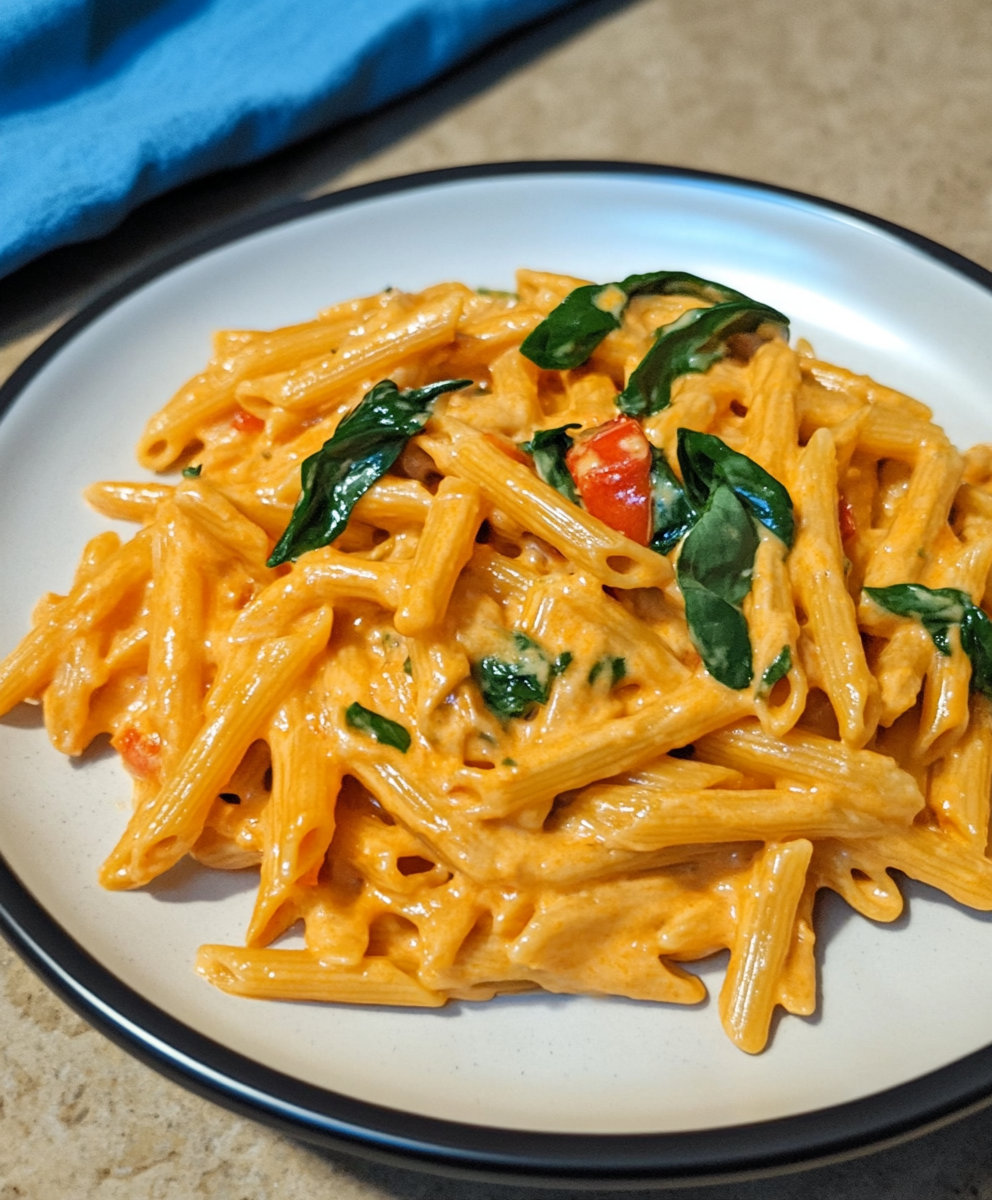 High Protein Roasted Red Pepper Pasta in skillet