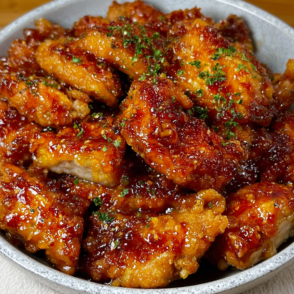 Close up of glazed crispy chicken on plate