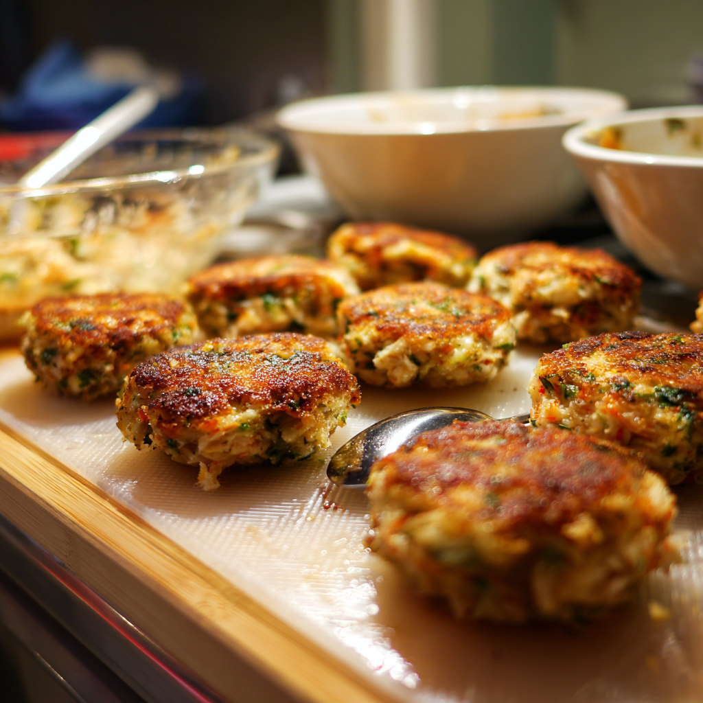 Close-up of a crab cake with lemon wedge