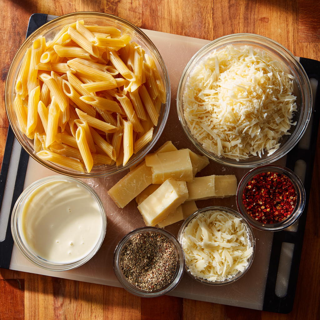 Penne pasta tossed in creamy sauce close up