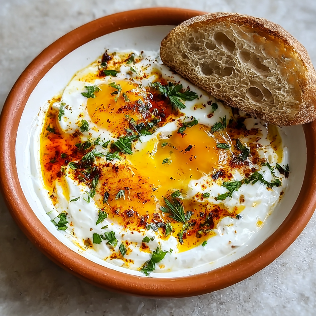 Close-up of Turkish Eggs with yogurt and pepper oil