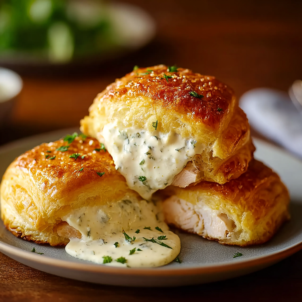 Golden baked chicken pillows on a tray