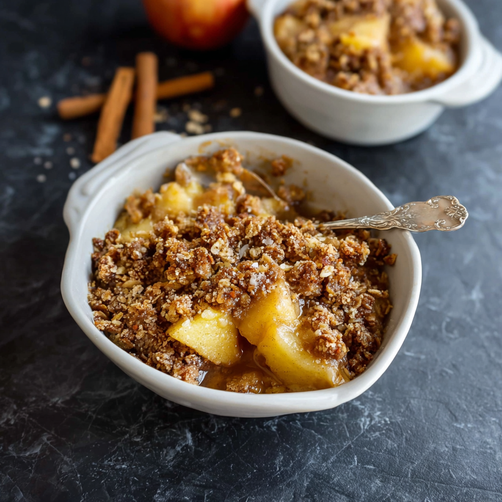 Baked apple crumble in a pan, golden topping
