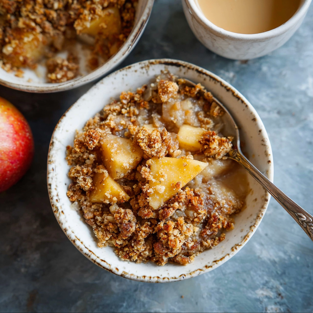 Close-up of apple crumble with oatmeal and pecans
