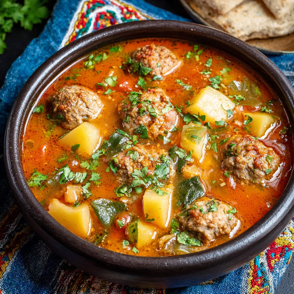 Albondigas soup in bowl with meatballs