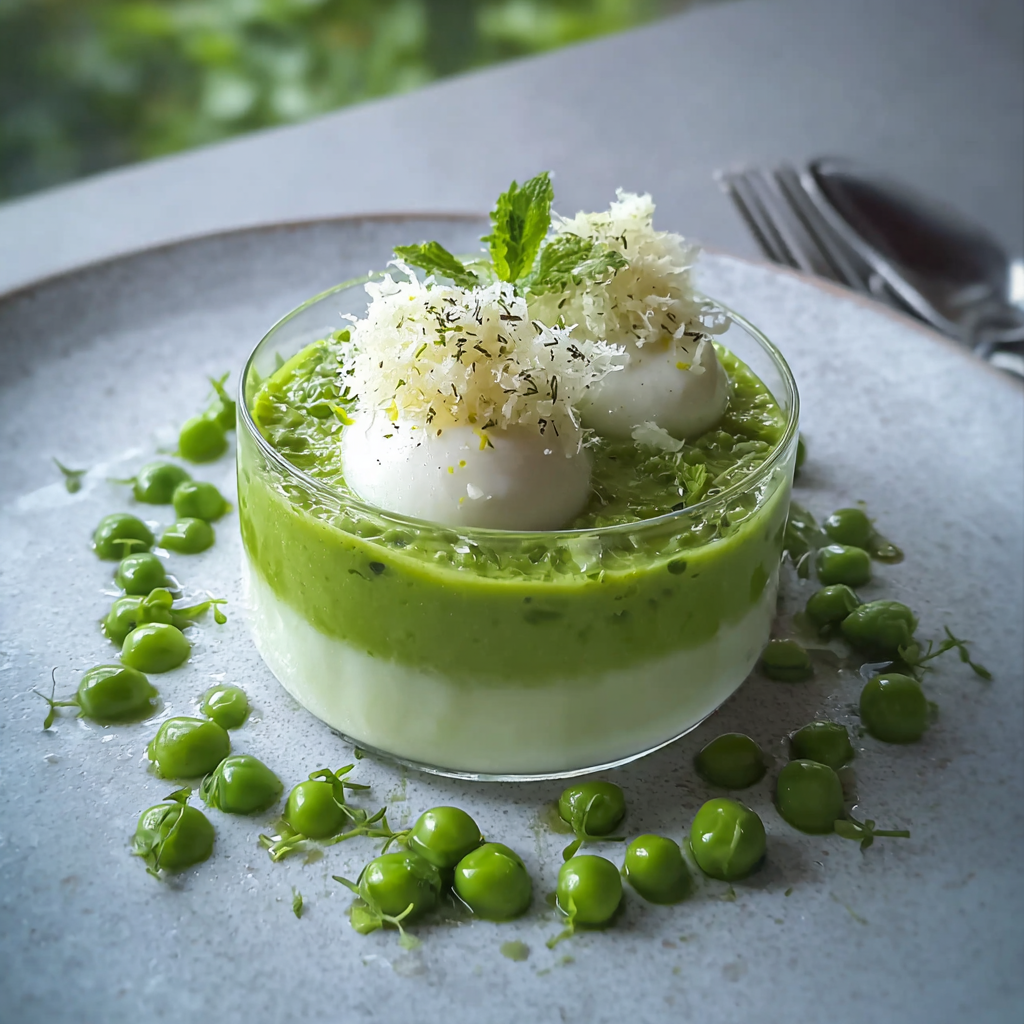 Pea and mint soup in bowl with mint garnish