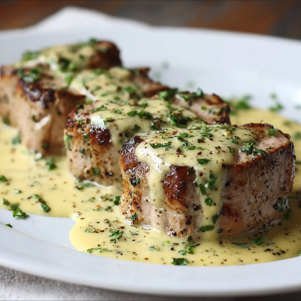 Pork tenderloin sliced with mustard sauce over top