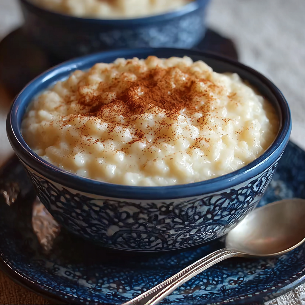 Spoonful of rice pudding being lifted from a dish