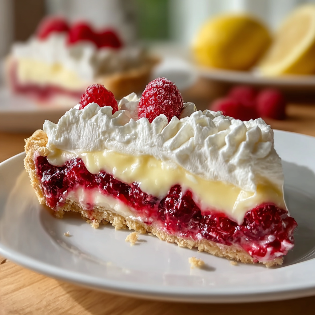 Lemon Raspberry No Bake Pie on a serving plate