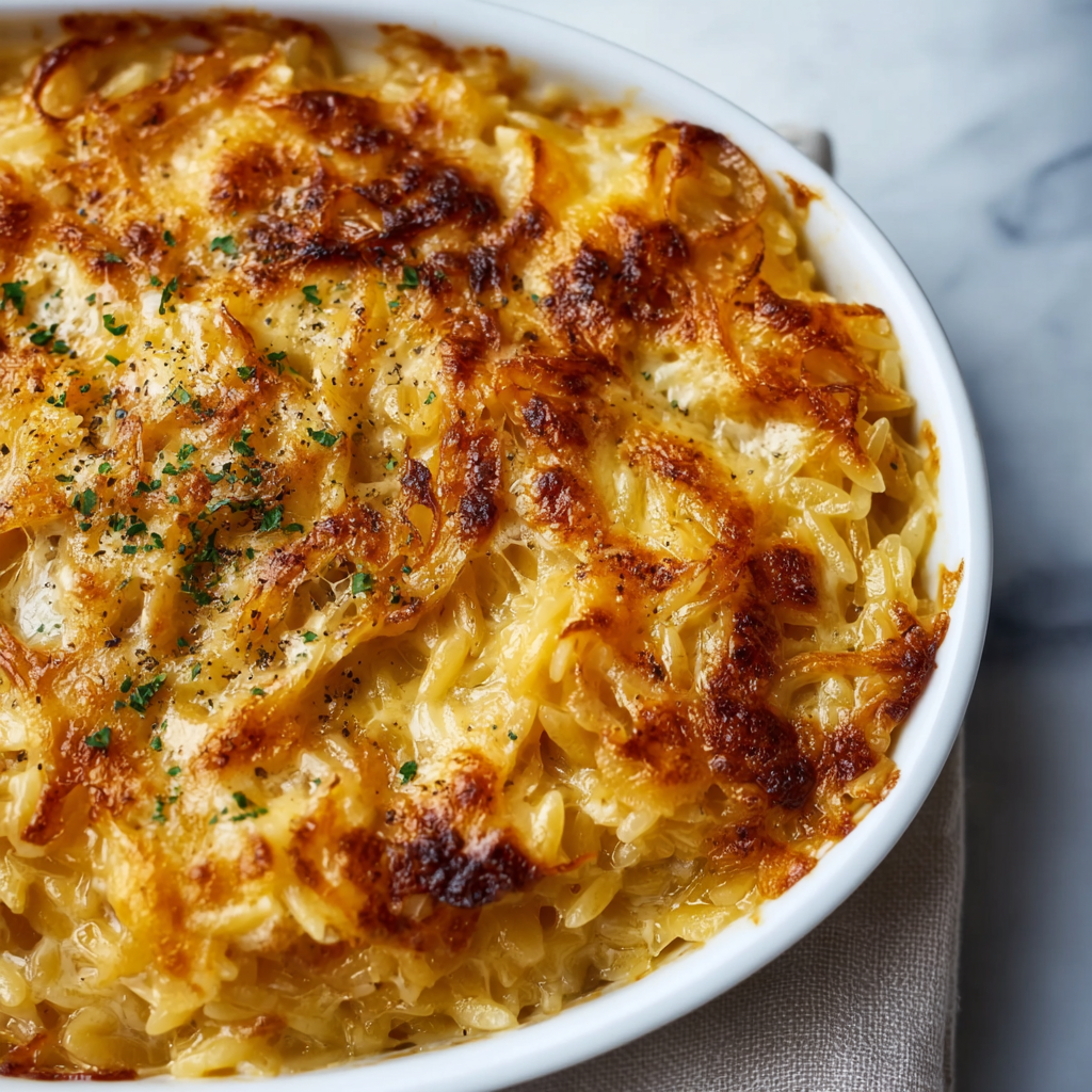 French Onion Orzo Bake