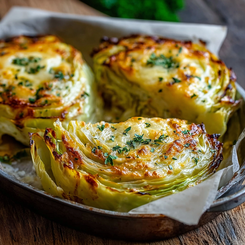 Roasted cheesy cabbage steaks on baking sheet