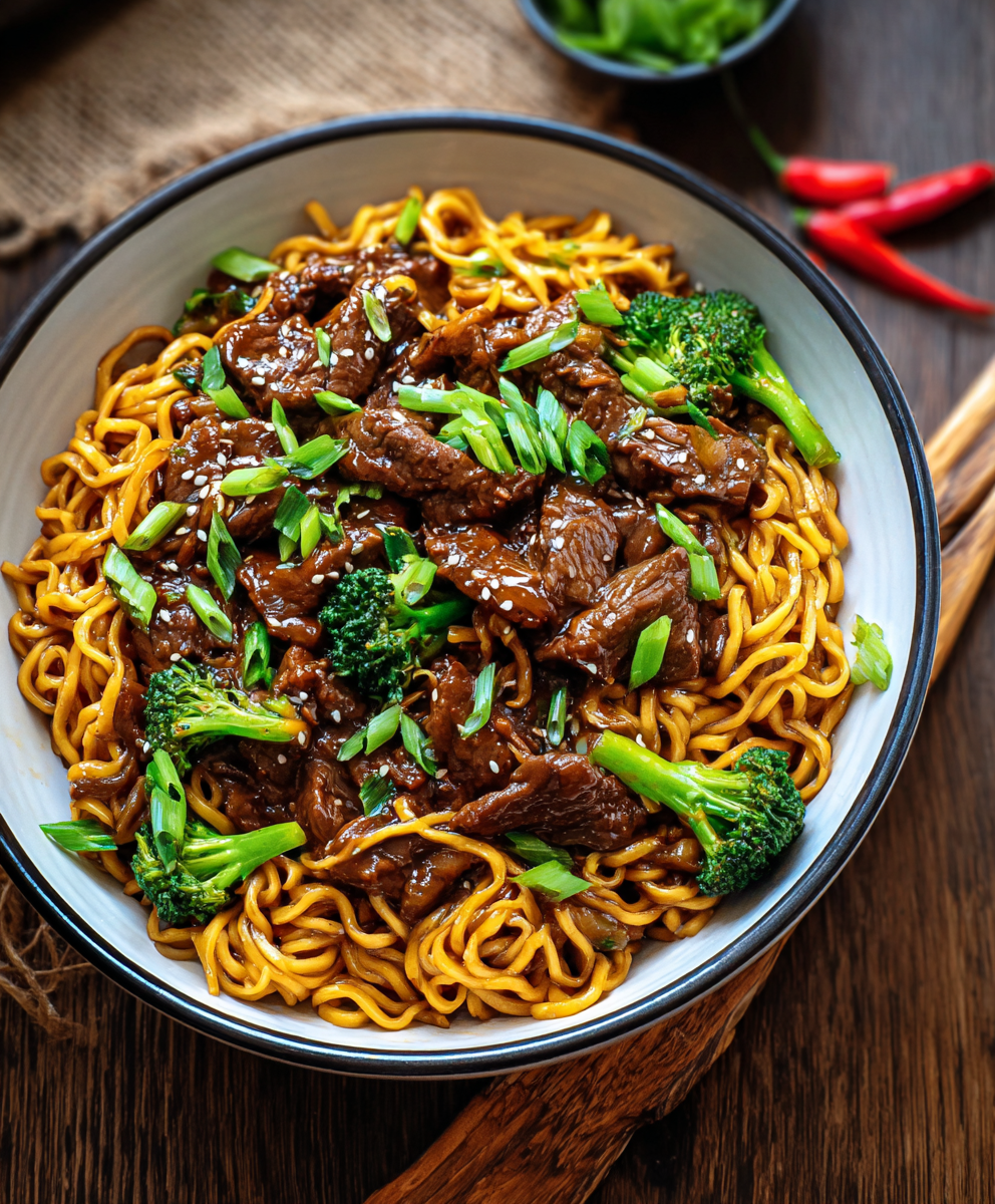 Sticky beef and noodles in pan with spring onions