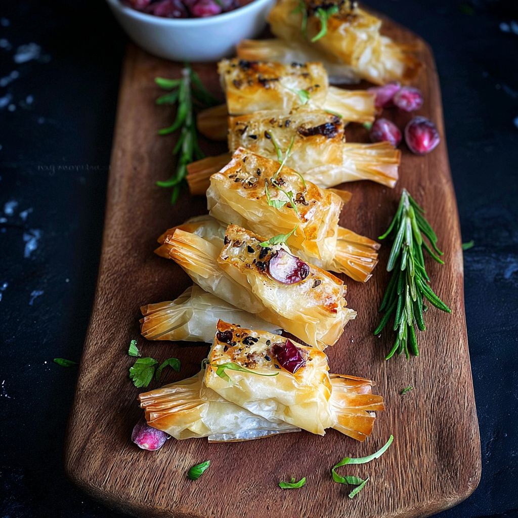 Tray of golden baked filo crackers with cranberry and brie