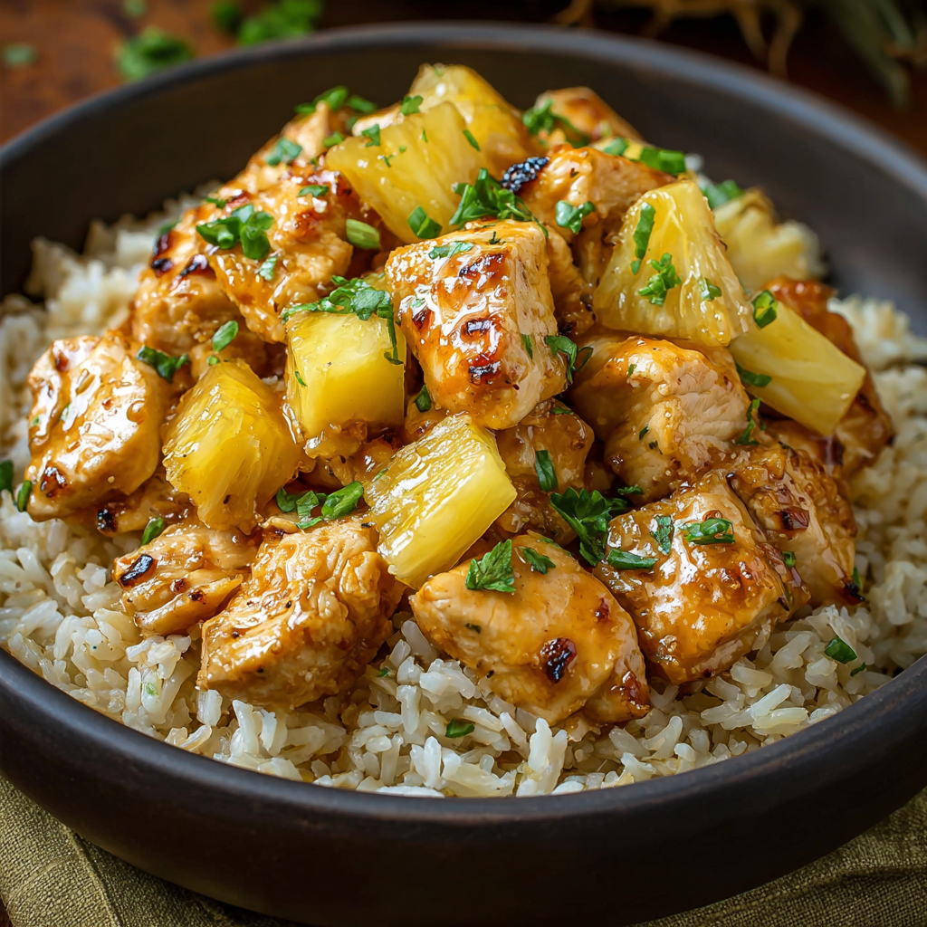A skillet with pineapple chicken and rice, garnished with green onions
