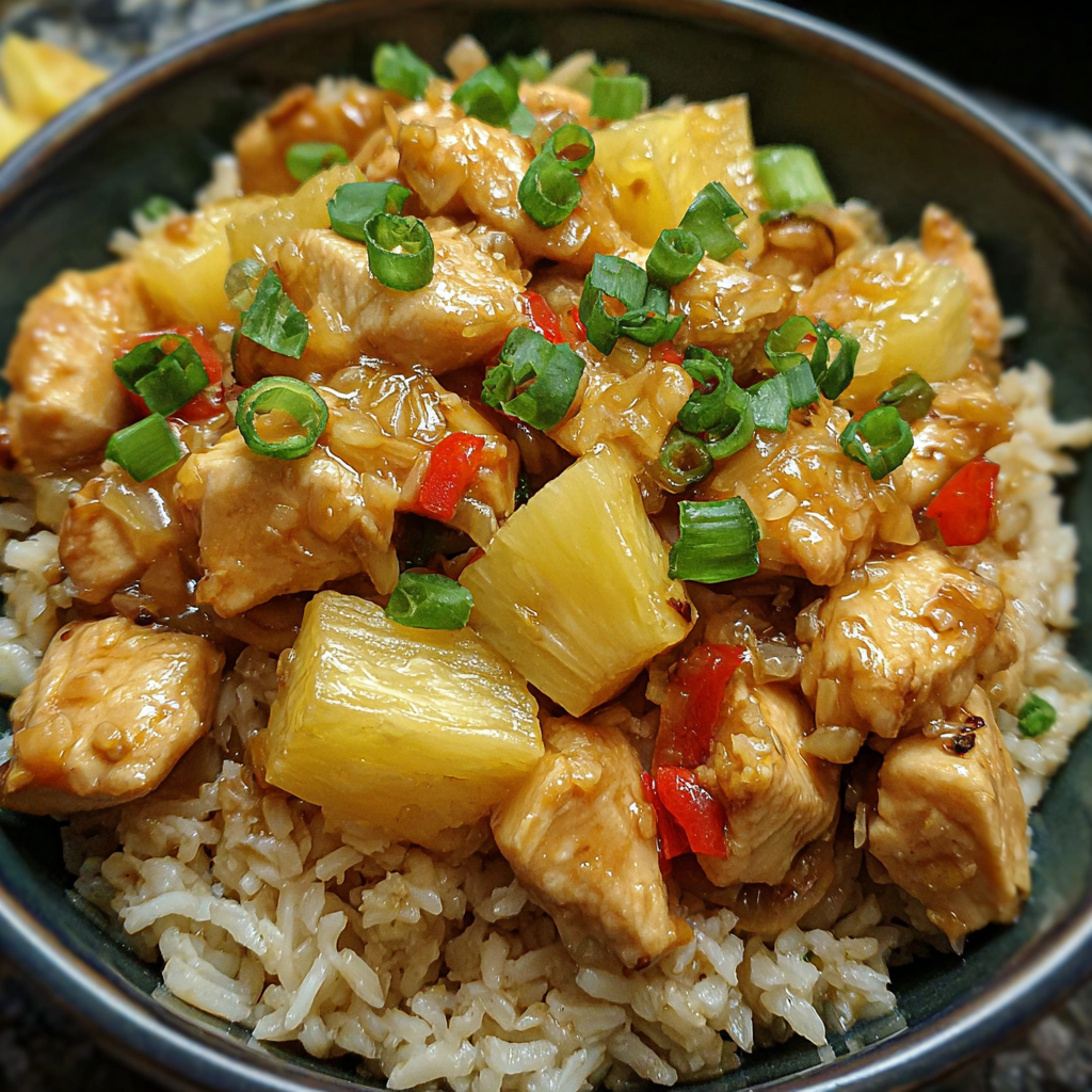 Close-up of pineapple chunks and cooked chicken in a pan