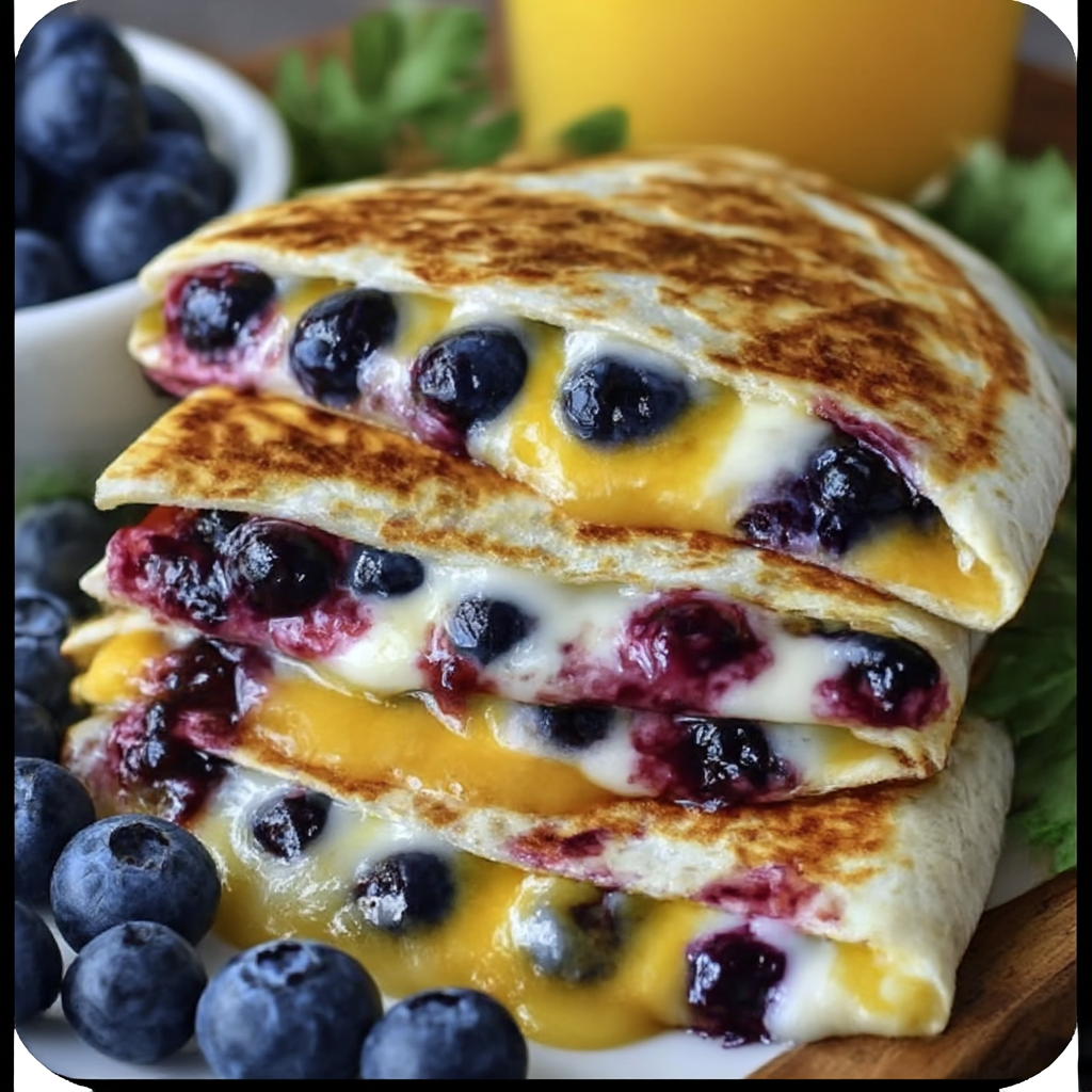 Blueberry breakfast quesadilla cut into wedges on a plate