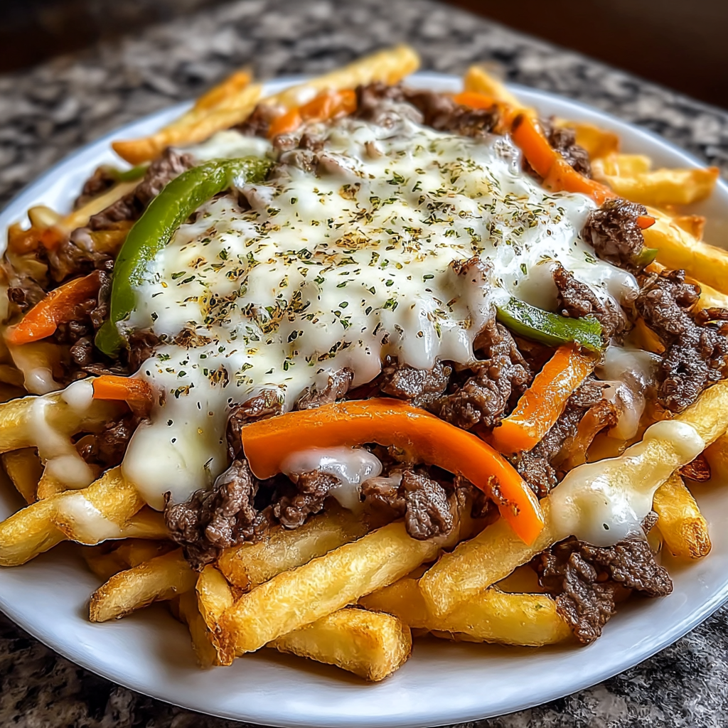 Skillet of Philly steak cheese fries fresh out of the oven
