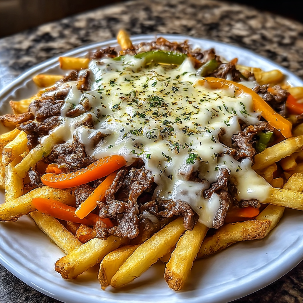Close-up detail of melted cheese and steak on fries