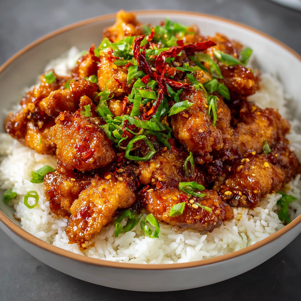 A bowl of sweet and spicy firecracker chicken