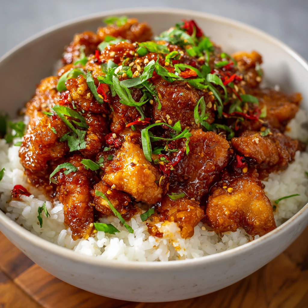 Close up of crispy sauce glazed chicken pieces