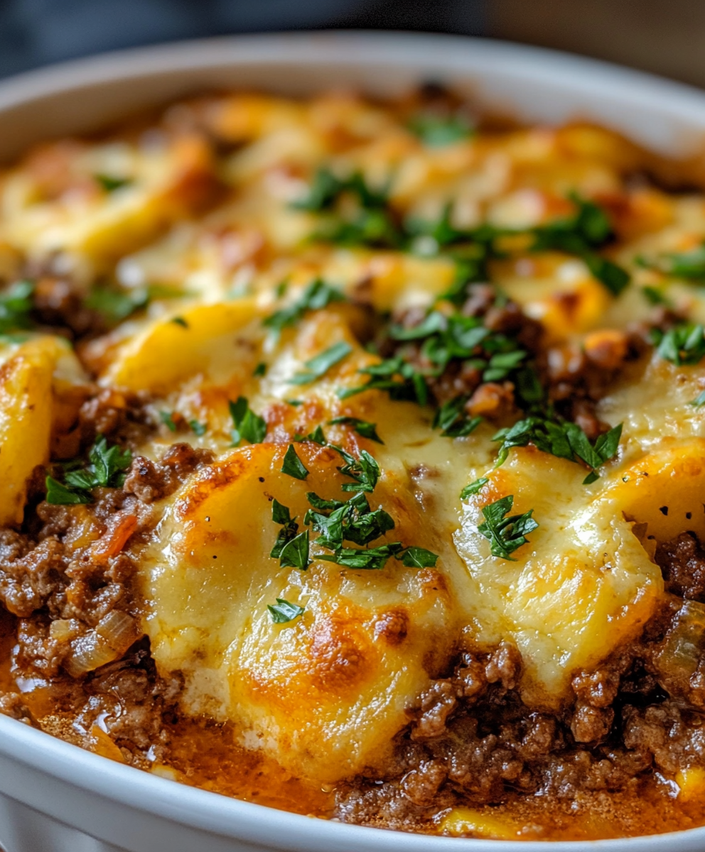 Hobo casserole in baking dish with golden topping