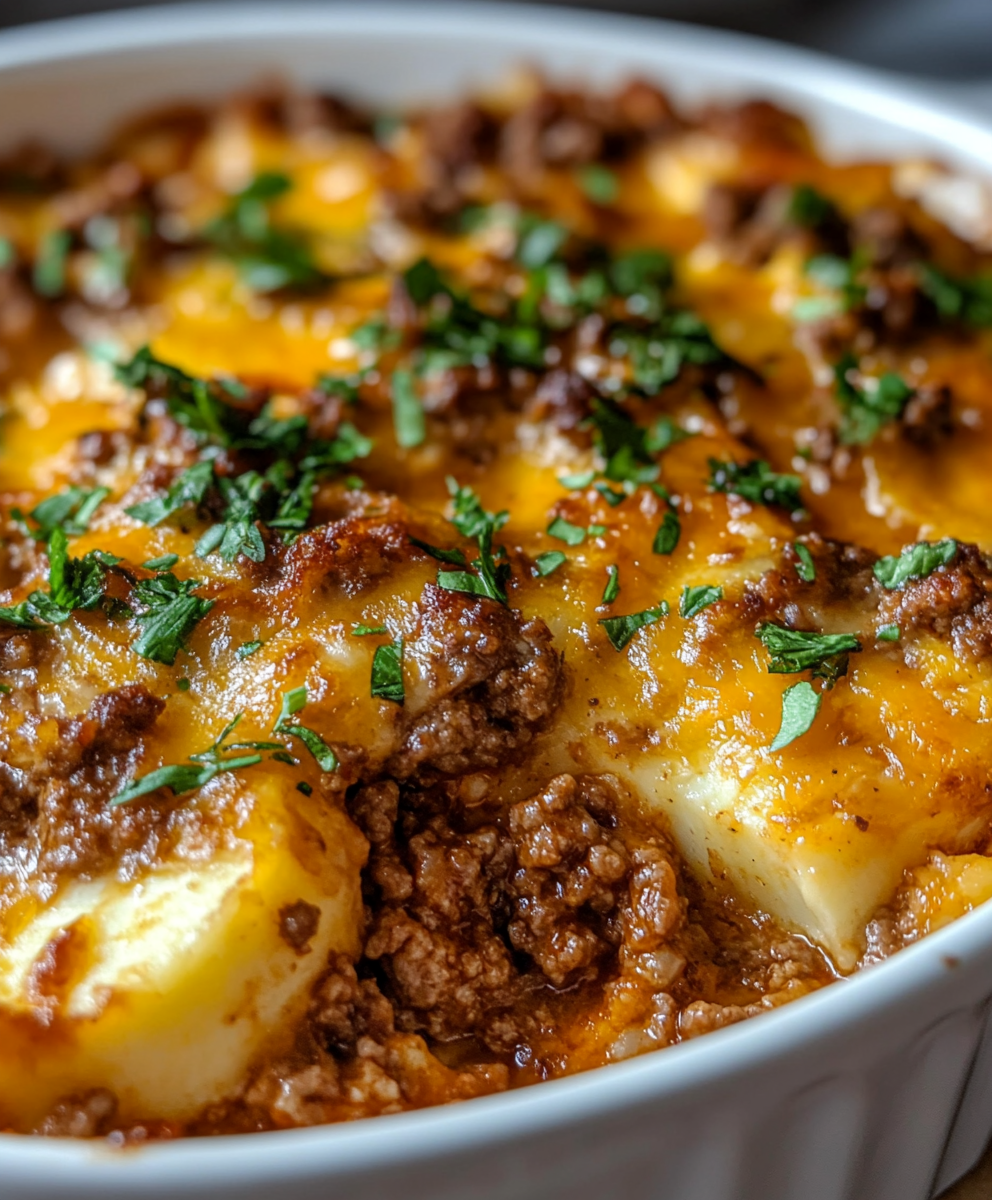 Close-up of casserole layers and fried onion topping