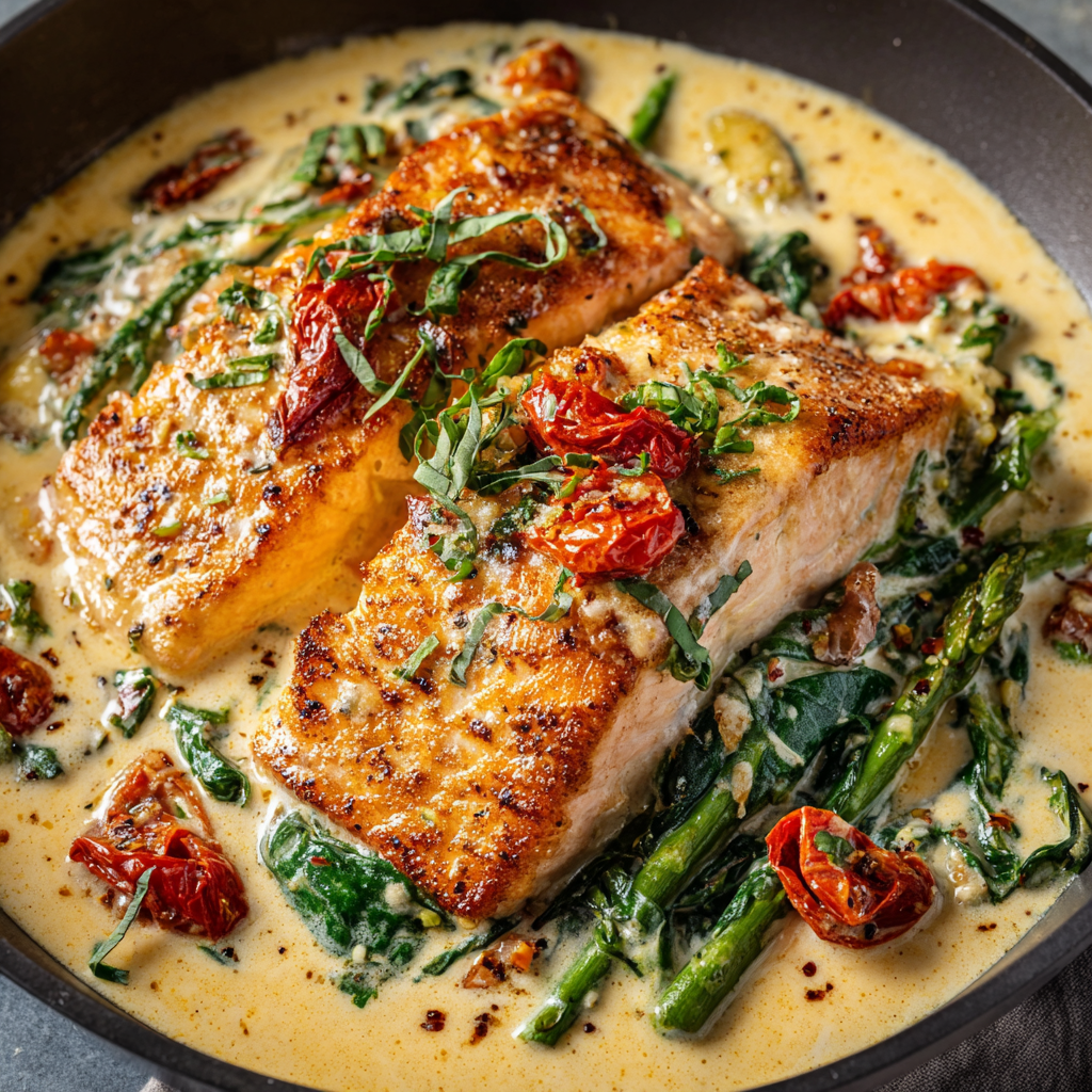 Pan-seared salmon with creamy Tuscan sauce in skillet