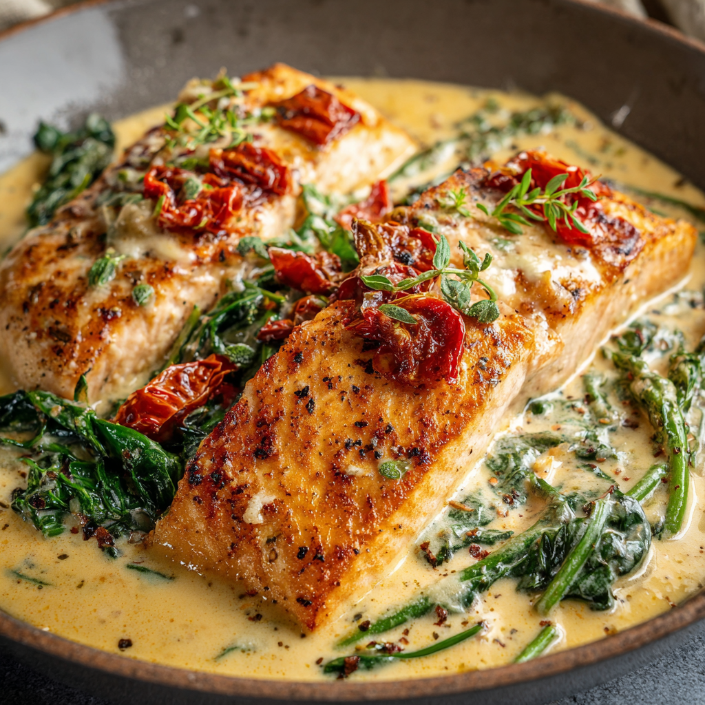 Creamy sauce spooned over salmon with basil and parmesan garnish