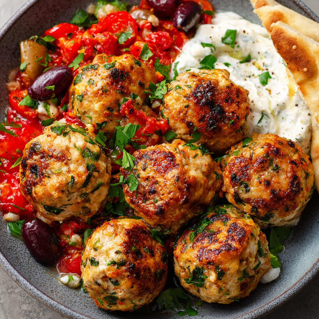 Baked Mediterranean chicken meatballs on parchment