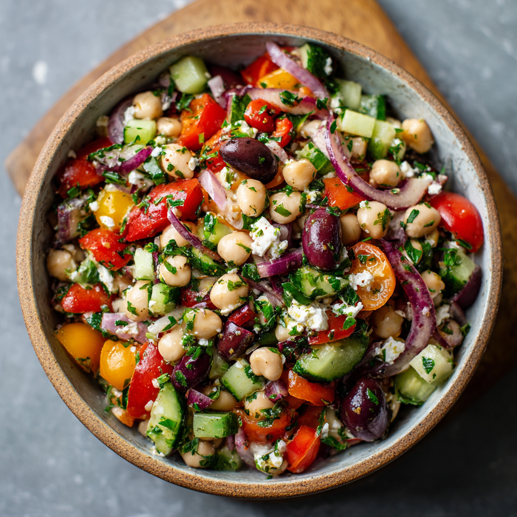 Dense Bean Salad in a bowl with fresh vegetables and feta