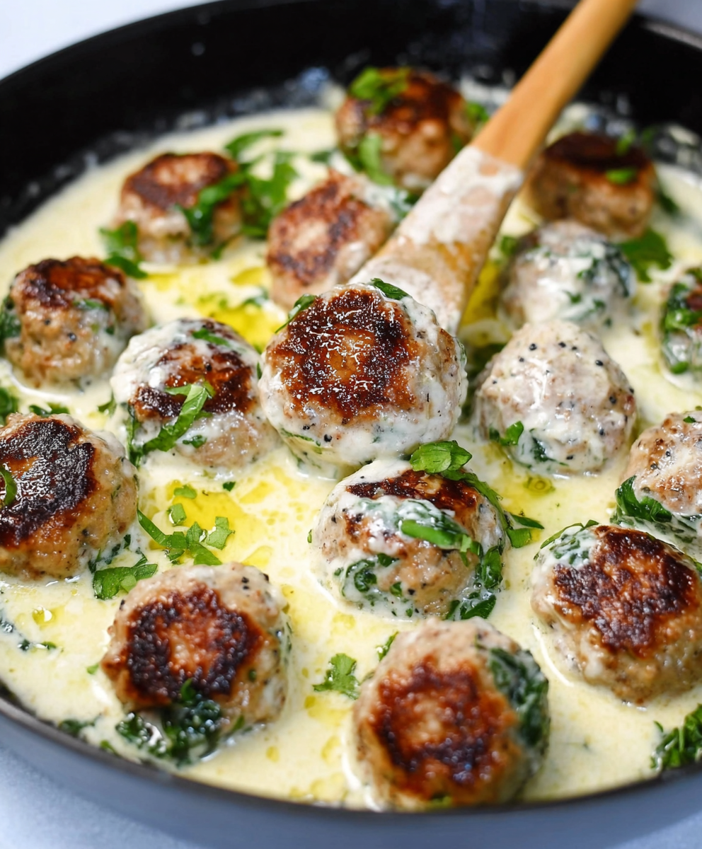 Gluten free turkey meatballs with basil cream sauce plated