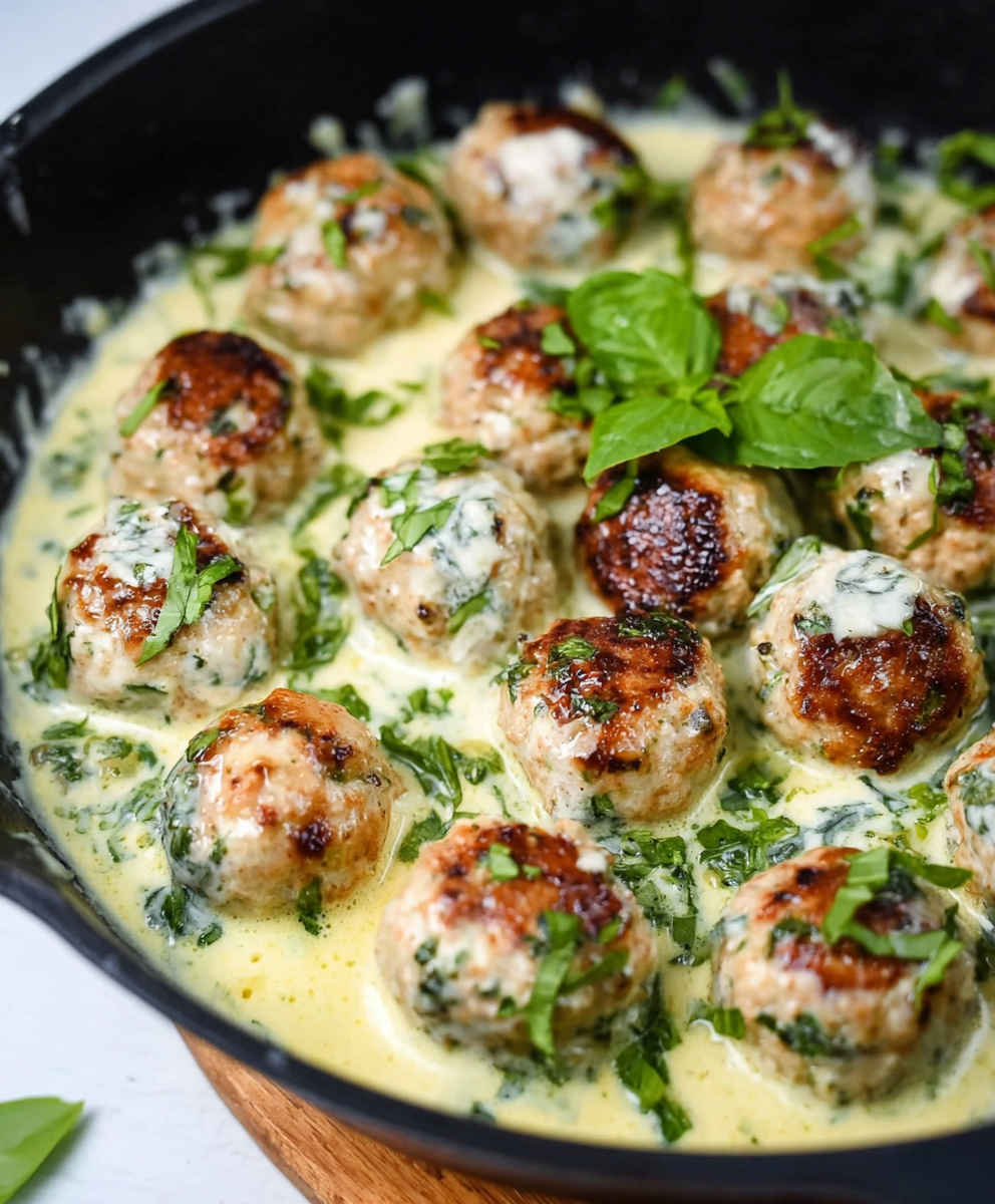 Close up of basil cream sauce coating meatballs