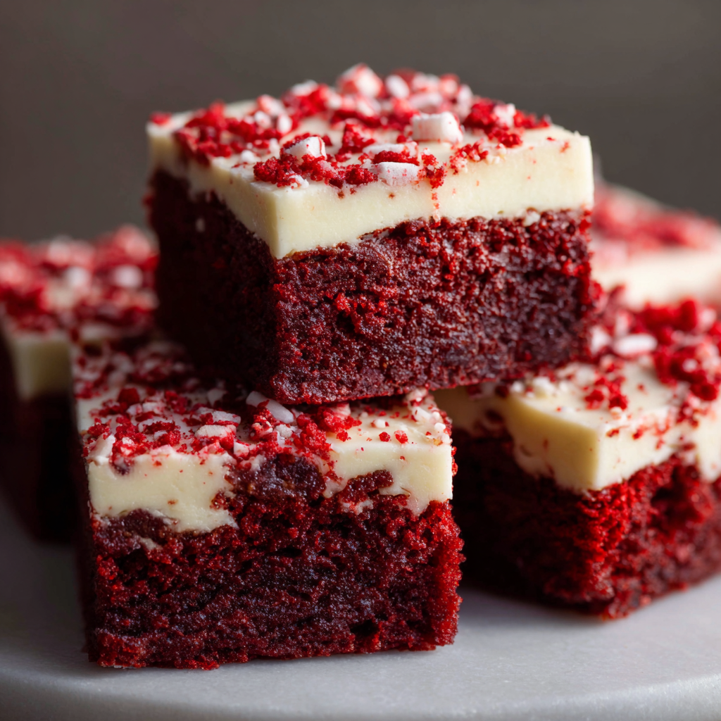 Sliced red velvet brownies on a serving board
