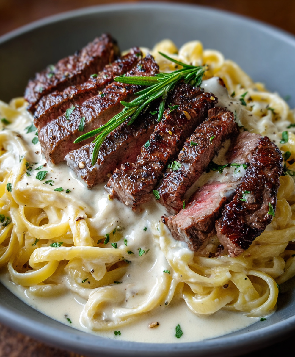 Seared sirloin slices with creamy sauce
