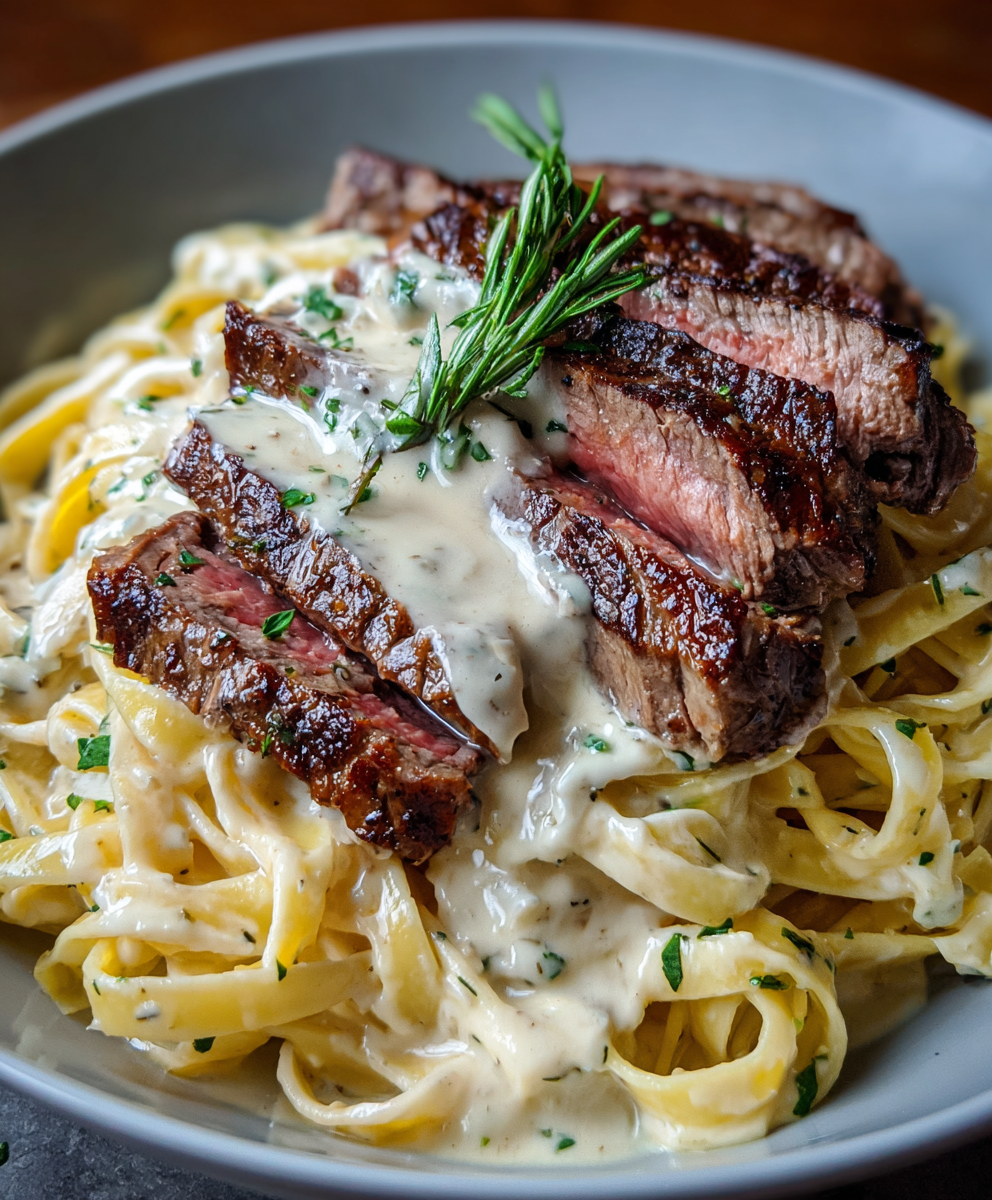 Plated fettuccine with steak and parsley garnish
