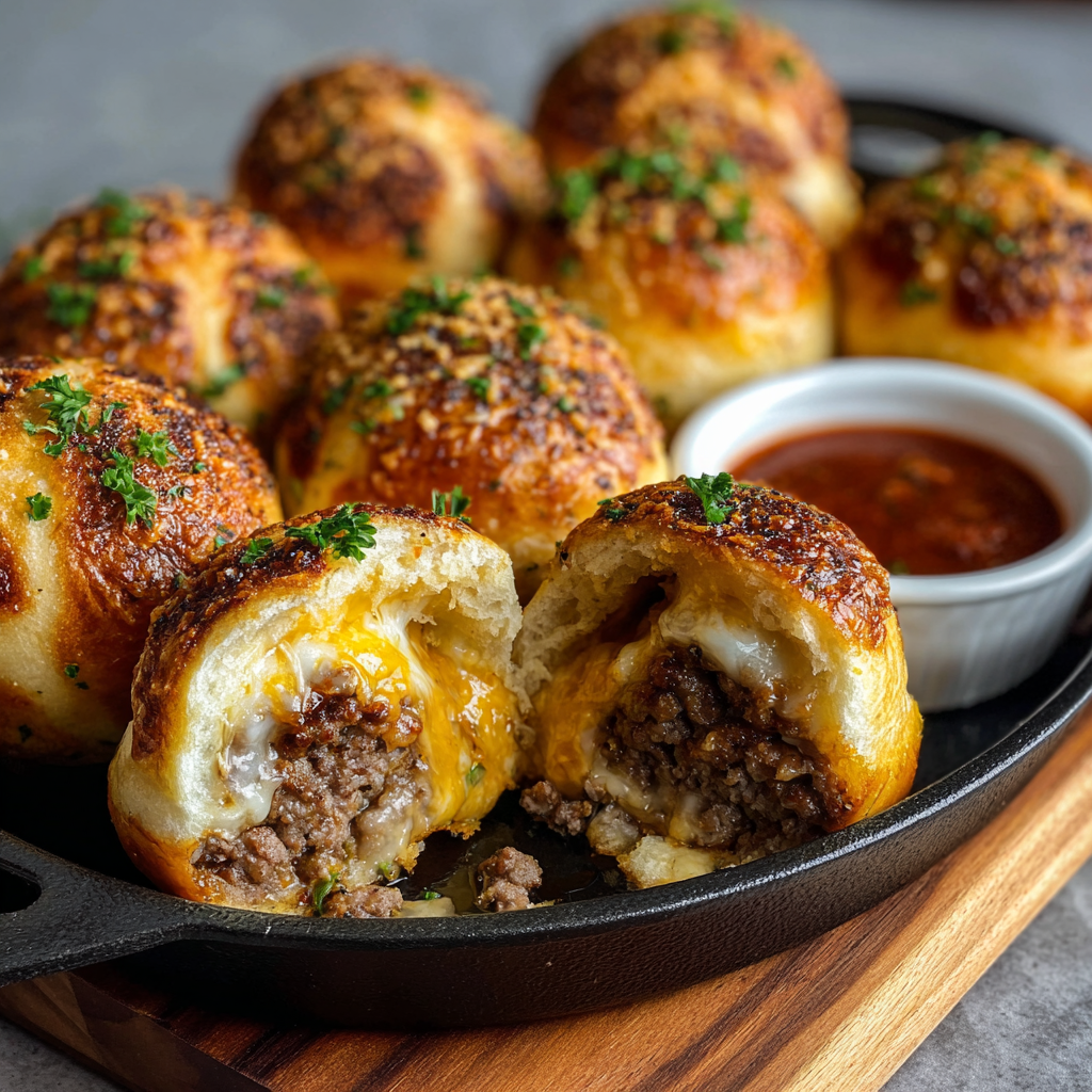 Cheeseburger bombs on parchment lined baking sheet