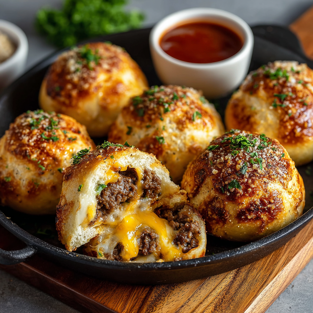 Close up of a cheeseburger bomb with melted cheese