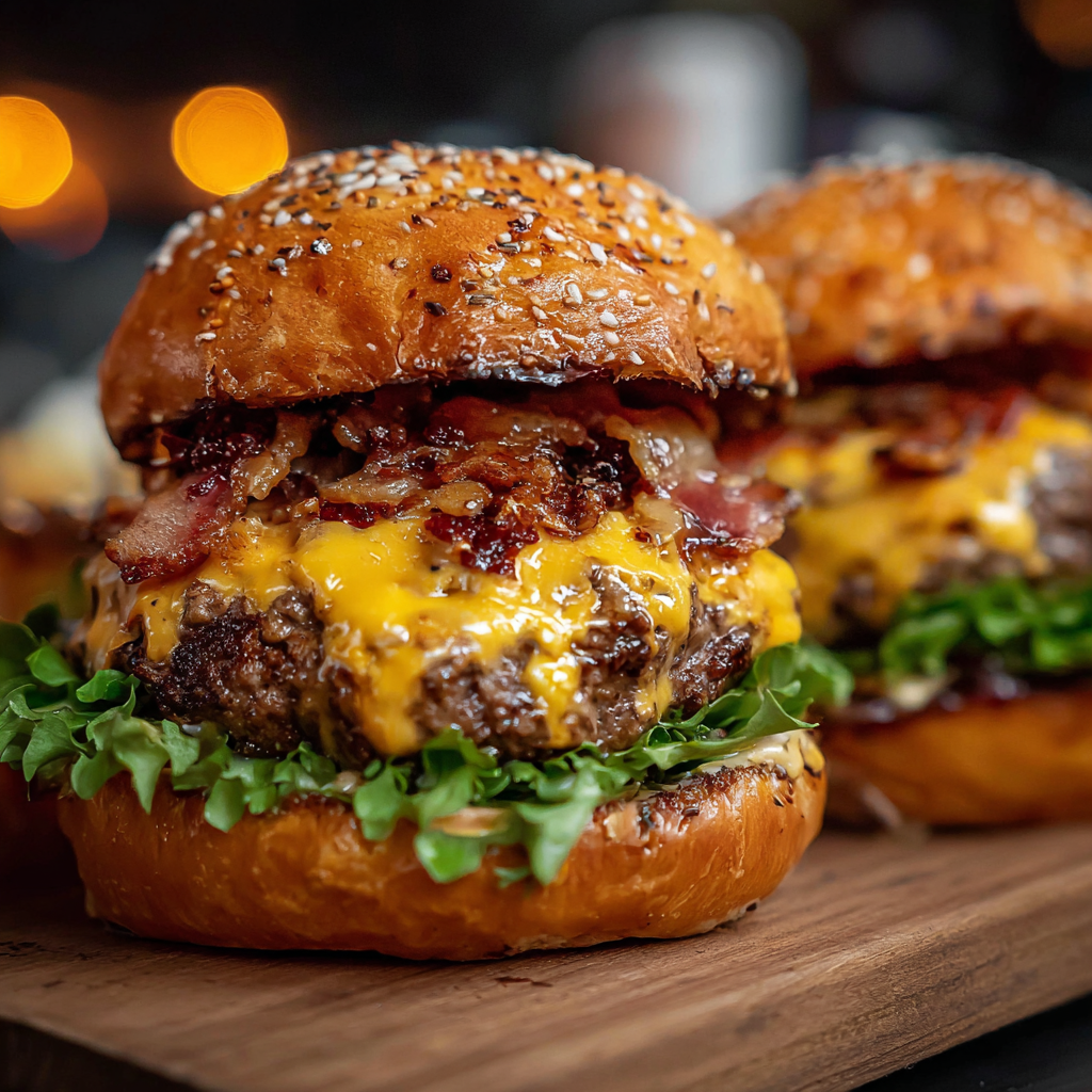 Stacked burger with toppings and bun halves