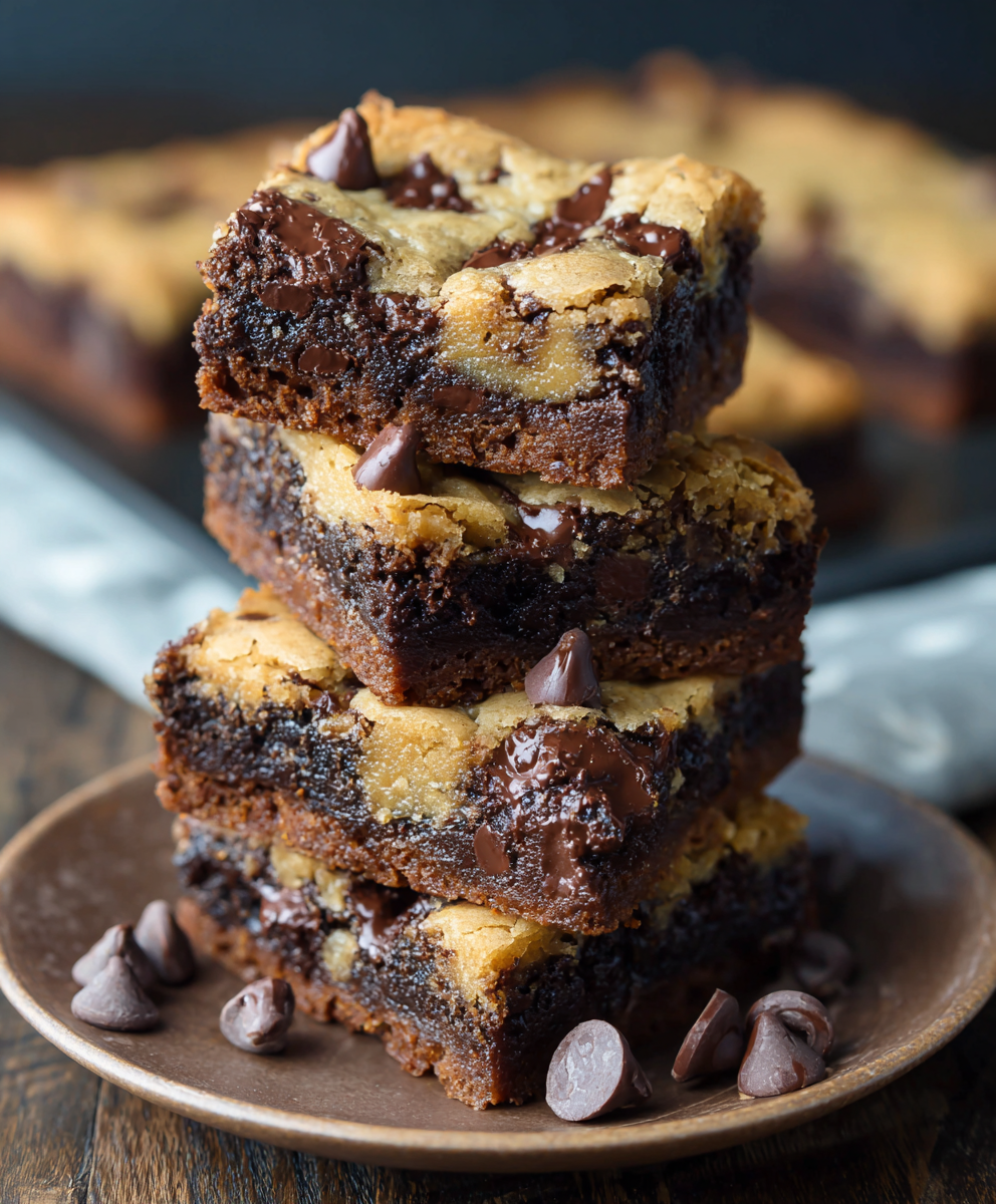 Chocolate chip cookie brownies close-up with fudgy layers