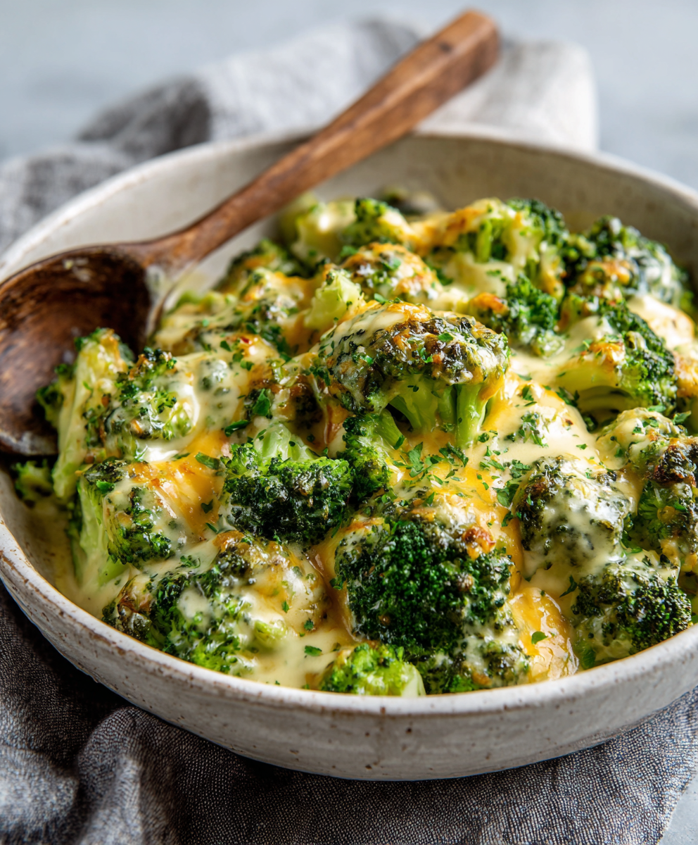 Finished cheesy broccoli served in a white bowl, topped with grated Parmesan