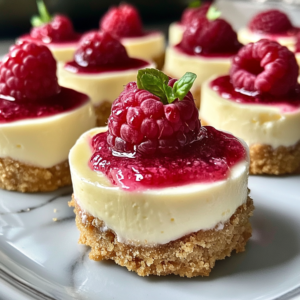 No-bake mini lemon raspberry cheesecakes on a platter