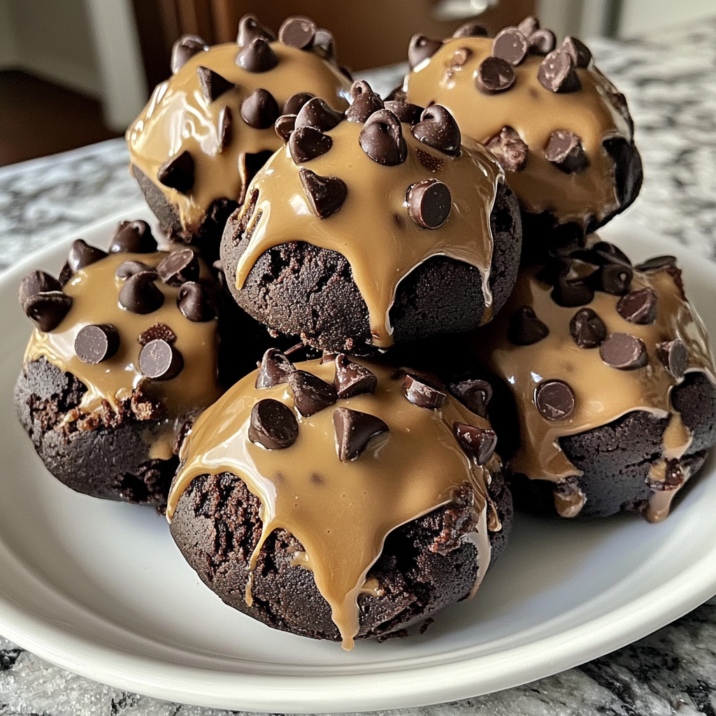 Close-up of brownie bombs with glossy chocolate coating