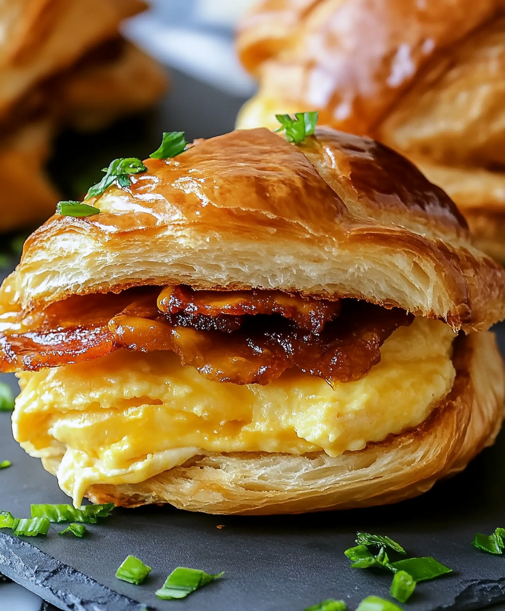 Assembled croissant breakfast sandwiches on a board