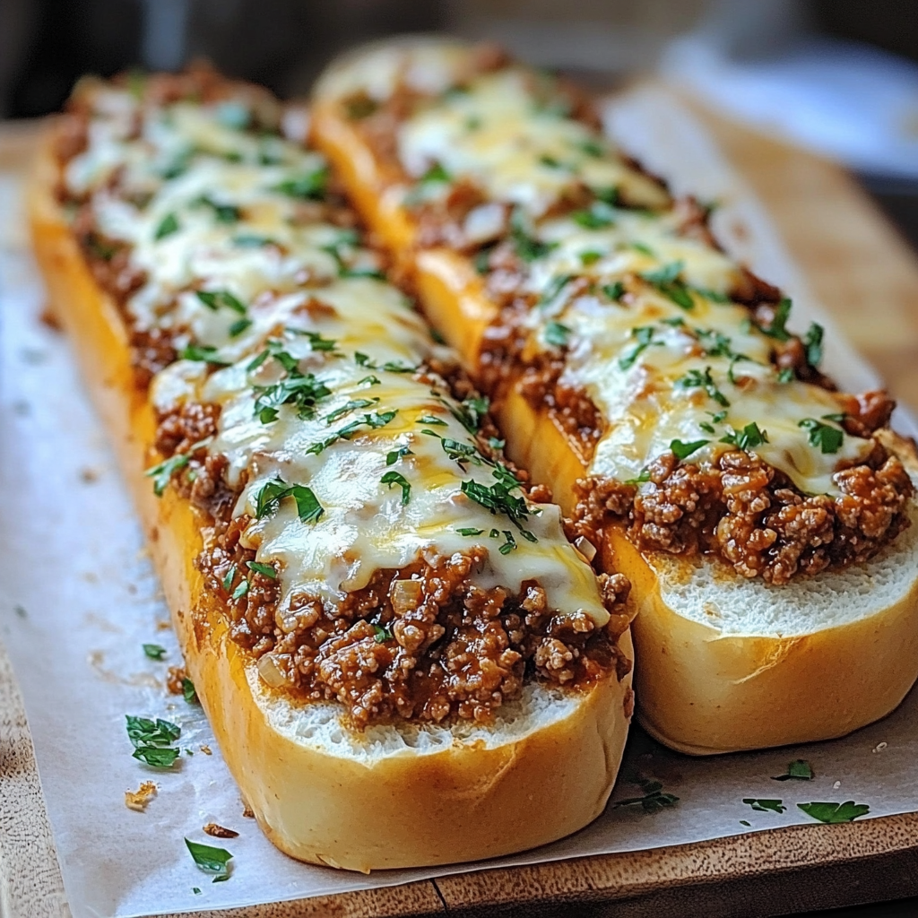 Garlic bread halves topped with sloppy joe mixture and shredded cheese