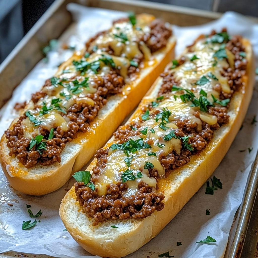 Close-up of a cheesy garlic bread sloppy joe slice being lifted