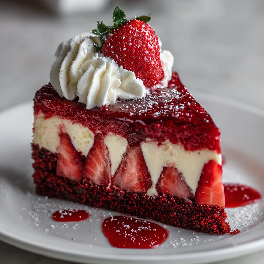 Red velvet cheesecake sliced with strawberry topping
