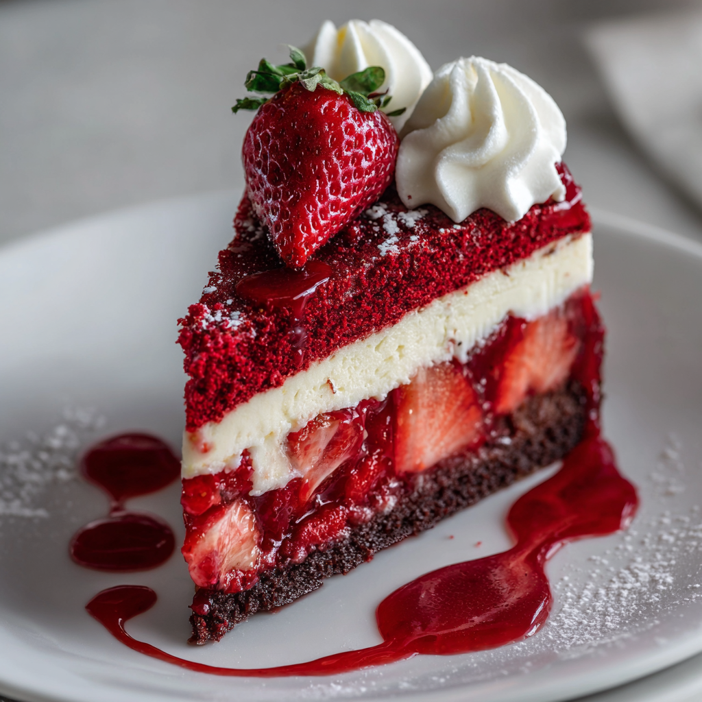Whole red velvet strawberry cheesecake on a cake stand
